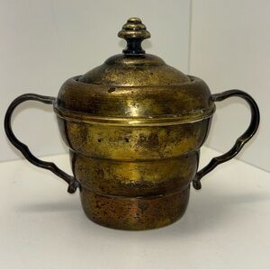 Art deco brass two-handled sugar bowl with lid